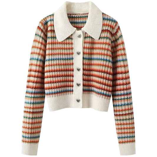 Cárdigan Retro de Punto Multicolor con Botones de Corazón