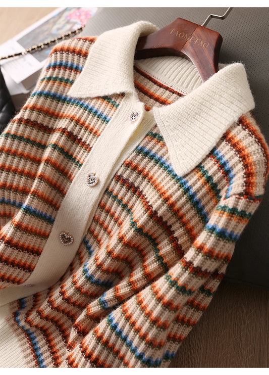 Cárdigan Retro de Punto Multicolor con Botones de Corazón